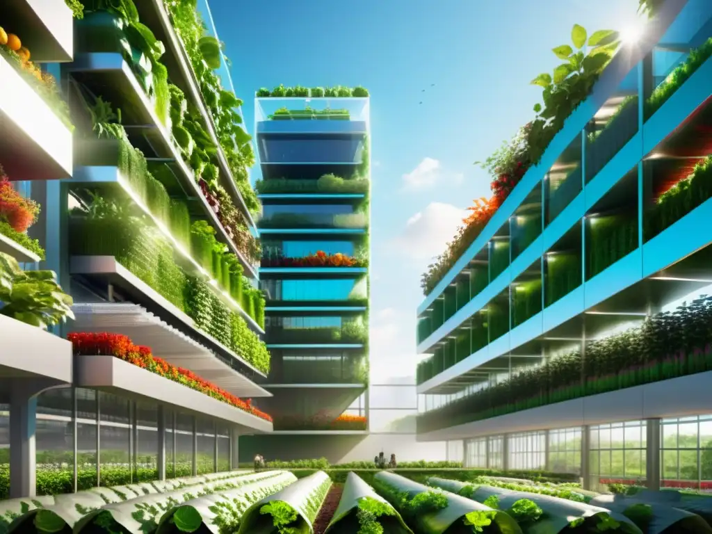 Una granja vertical futurista con tecnologías sostenibles para agricultura del futuro, integrando naturaleza y desarrollo urbano