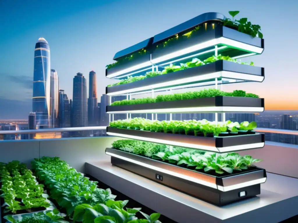 Una granja vertical futurista con torres metálicas y exuberante vegetación, simbolizando la IA en la agricultura sostenible