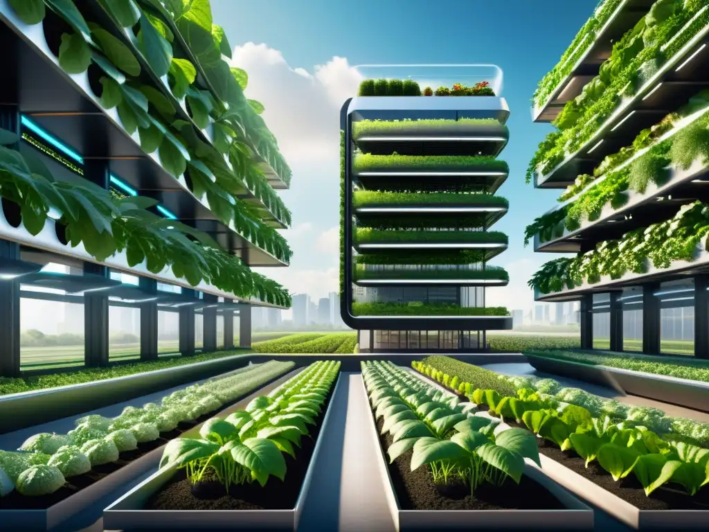 Una granja vertical urbana futurista con tecnología IoT integrada, muestra la fusión de naturaleza y tecnología