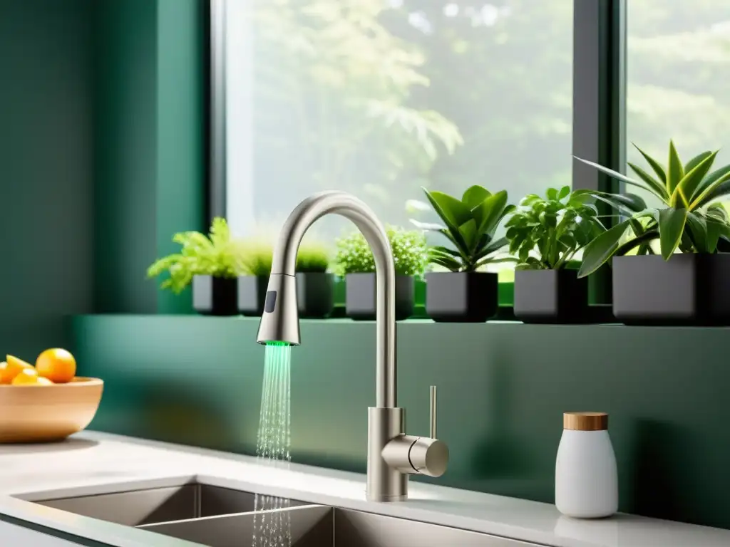 Grifo moderno con dispositivo IoT mostrando datos de consumo de agua en una app elegante, en una cocina minimalista con plantas