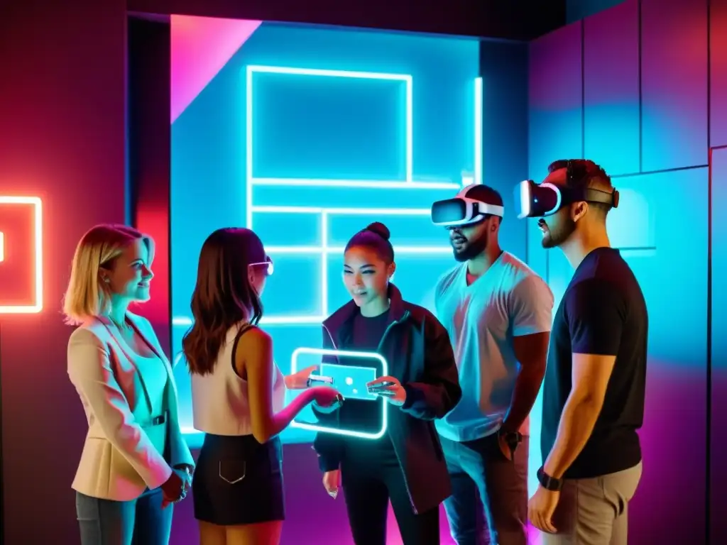 Grupo de amigos resolviendo acertijos en sala de escape virtual inmersiva, rodeados de tecnología holográfica y realidad virtual de alta tecnología