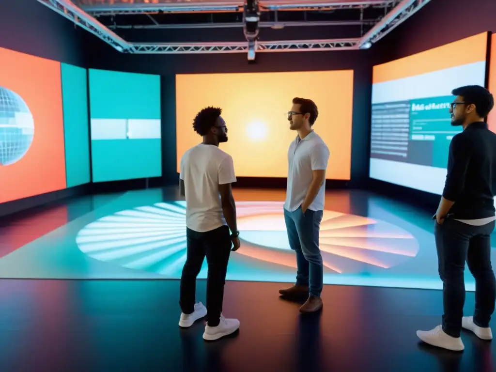 Grupo de artistas y emprendedores tecnológicos creando una instalación de arte digital interactiva, fusionando técnicas artísticas tradicionales con innovación digital