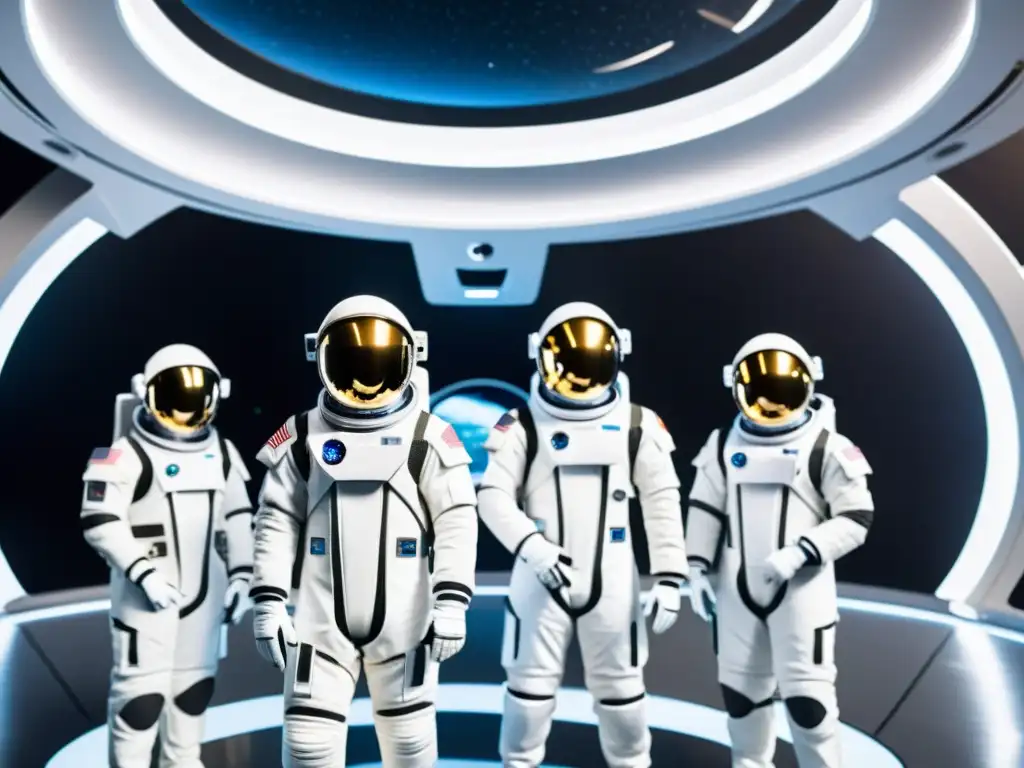 Grupo de astronautas colaborando con avanzados robots en una estación espacial futurista, mostrando la integración de robótica en trajes espaciales