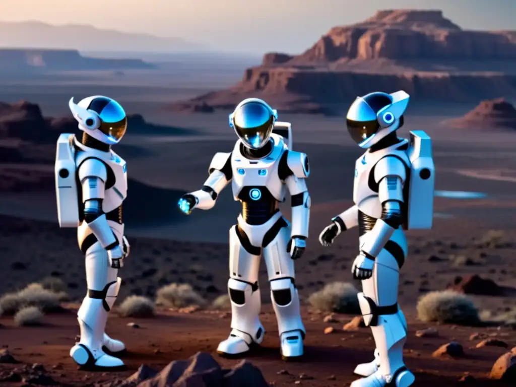 Grupo de astronautas discutiendo con un robot futurista en paisaje marciano al atardecer, relación astronautas robots misiones espaciales