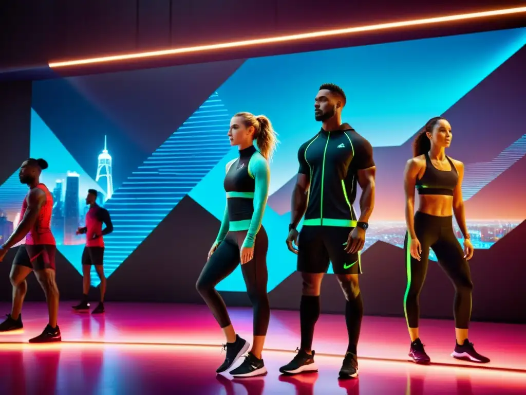 Grupo de atletas profesionales utilizando ropa deportiva futurista con nanotecnología, entrenando intensamente bajo luces de neón