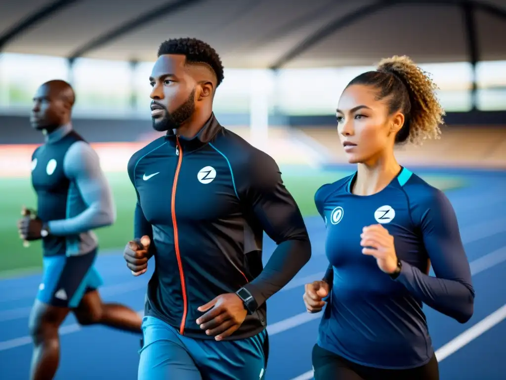 Un grupo de atletas profesionales usando tecnología wearable futurista mientras entrenan en un campo deportivo de vanguardia