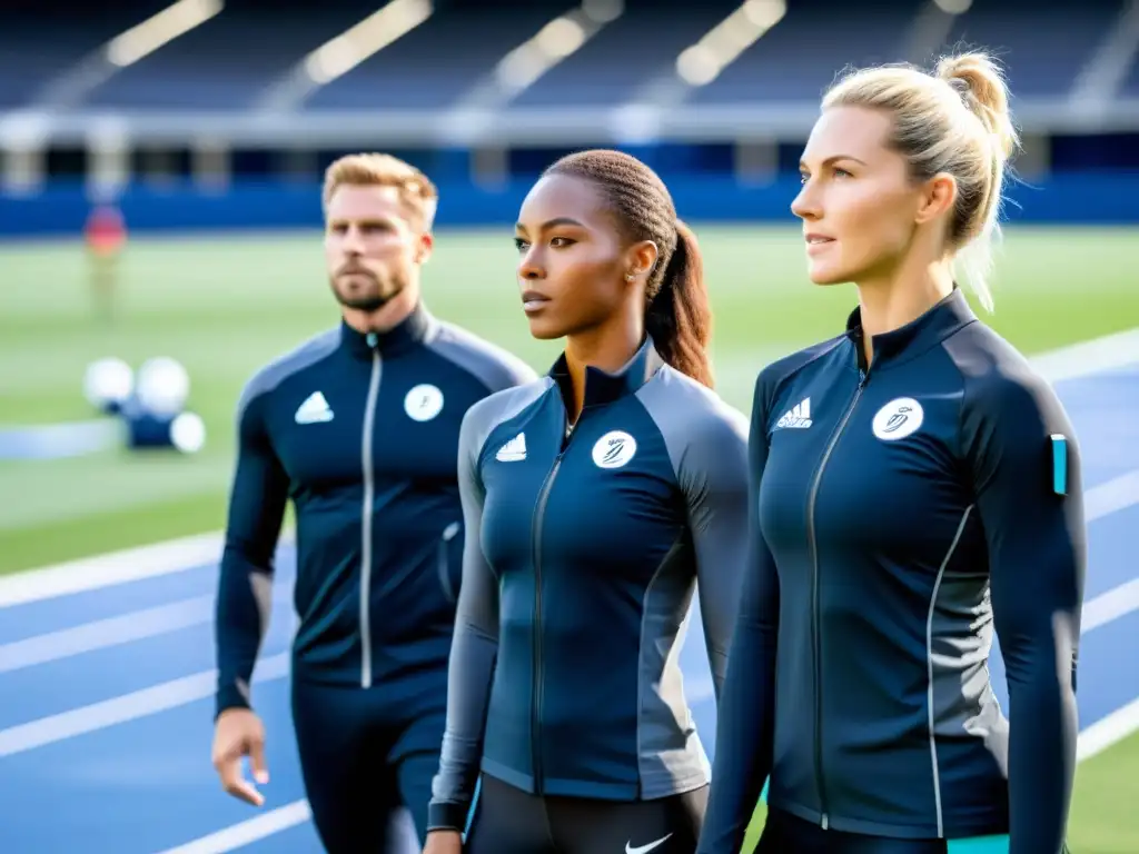 Grupo de atletas profesionales utilizando tecnología wearable en deportes mientras entrenan en un campo deportivo futurista de alta tecnología