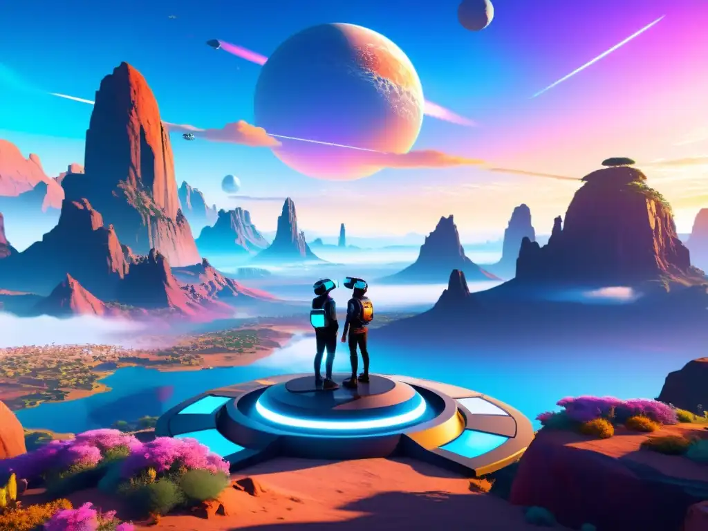 Grupo de avatares explorando universos alternativos en VR, maravillados por el paisaje surrealista y futurista
