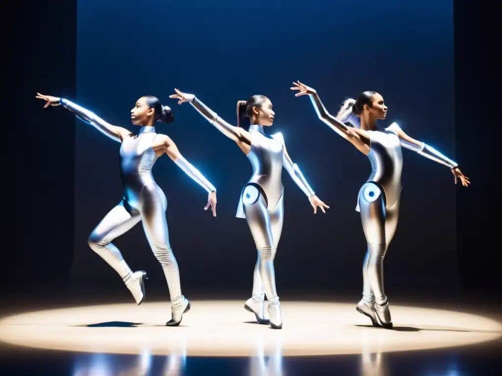 Grupo de bailarines en perfecta sincronización con elegantes brazos robóticos, integración de danza y robótica en un escenario futurista