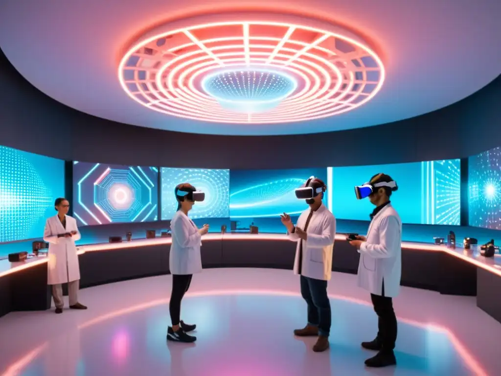 Grupo de científicos en laboratorio futurista interactuando con nanotecnología en realidad virtual