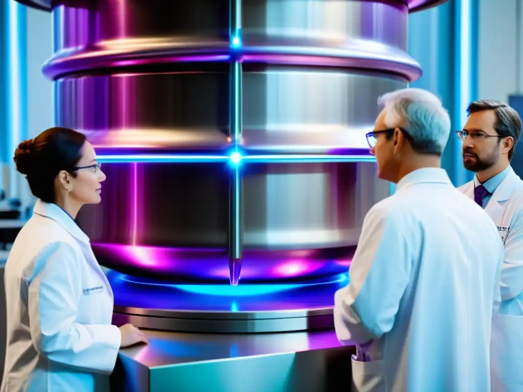 Grupo de científicos en un reactor de fusión nuclear, reflejando plasma azul y morado