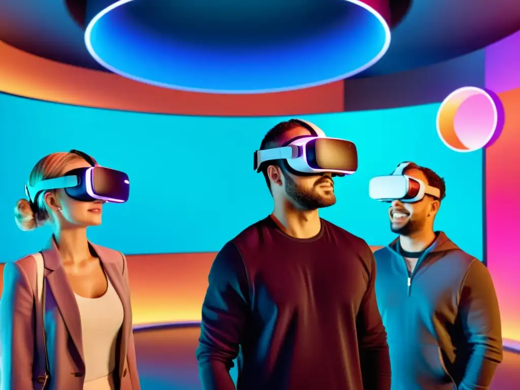 Grupo usando VR para Desarrollo de habilidades sociales en vibrante entorno virtual futurista