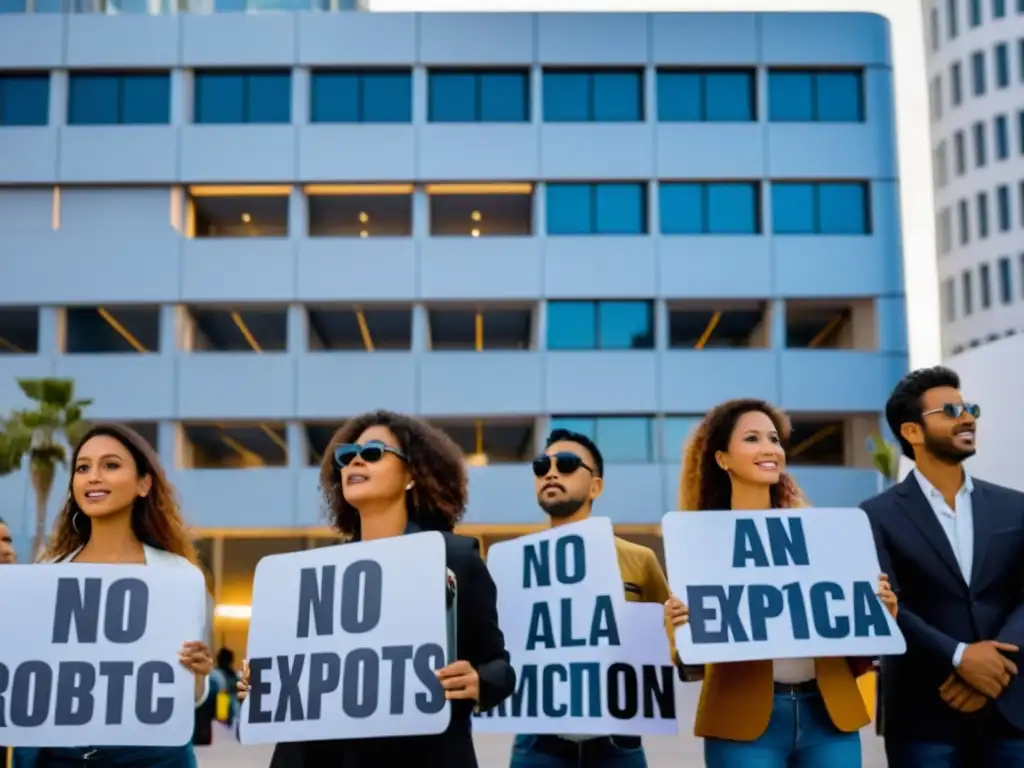 Un grupo diverso de activistas sostiene pancartas frente a un edificio futurista mientras robots realizan tareas en el fondo