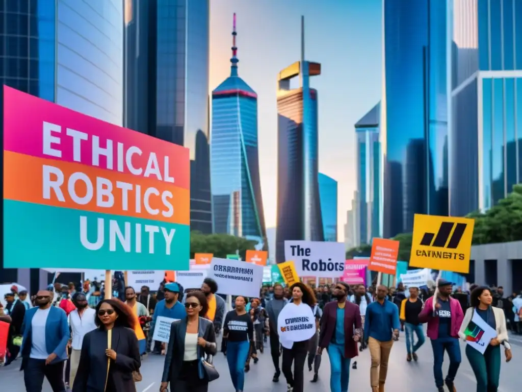 Un grupo diverso de activistas marcha con pancartas coloridas en una ciudad futurista, simbolizando el activismo ético en robótica avanzada