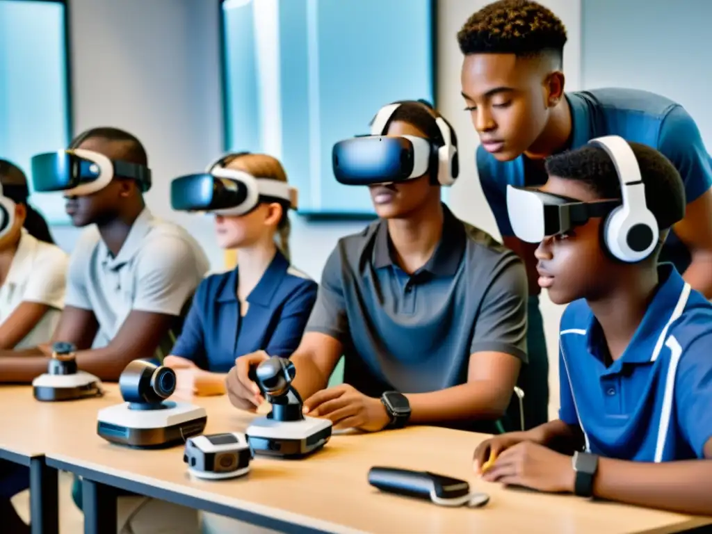 Grupo diverso de adolescentes usando tecnología VR, ensamblando y programando un brazo robótico en un aula moderna