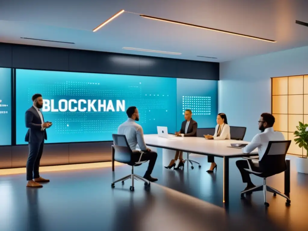 Grupo diverso de emprendedores colaborando en un proyecto blockchain en una oficina moderna