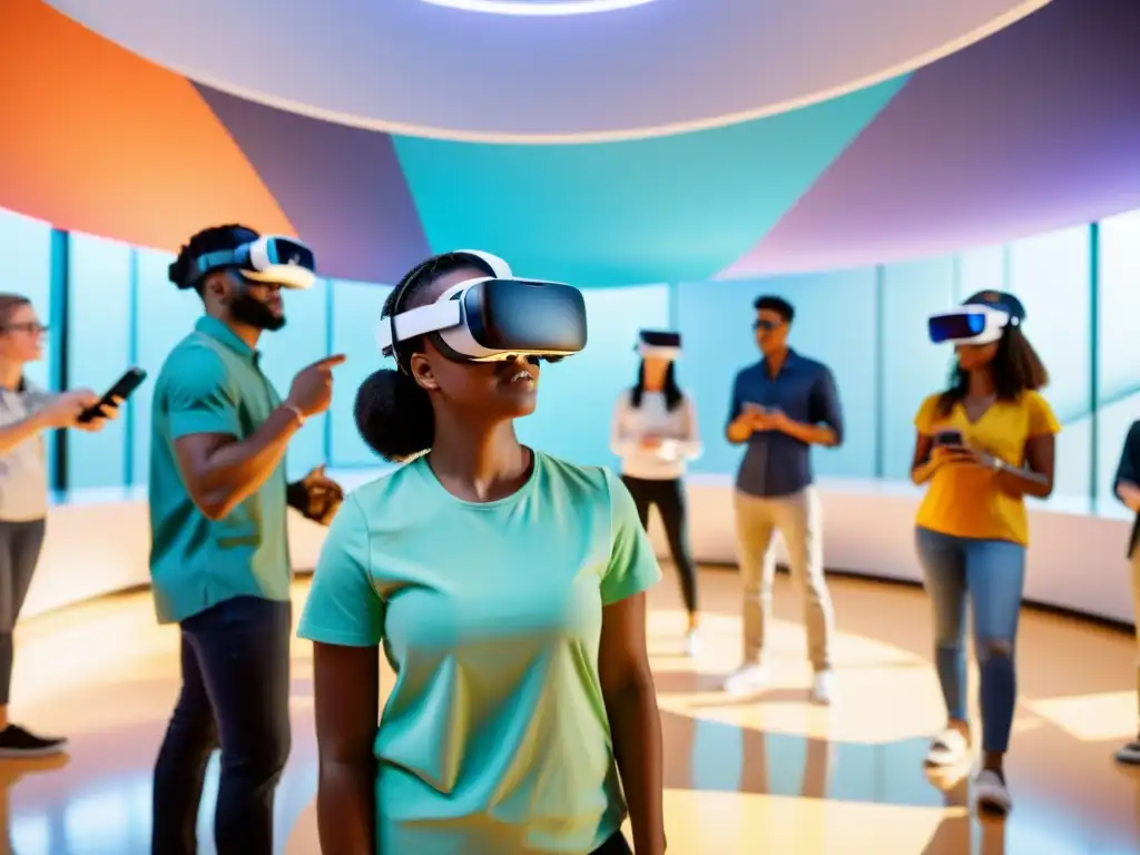 Grupo diverso de estudiantes usando auriculares de realidad virtual en un aula iluminada