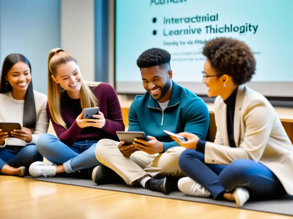 Grupo diverso de estudiantes participa en discusión animada utilizando tabletas y smartphones en aula moderna