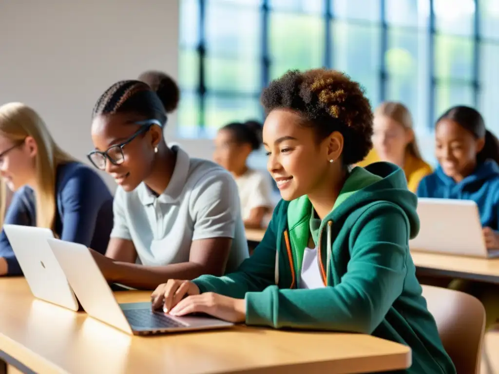 Grupo diverso de estudiantes usando dispositivos en aula moderna y luminosa