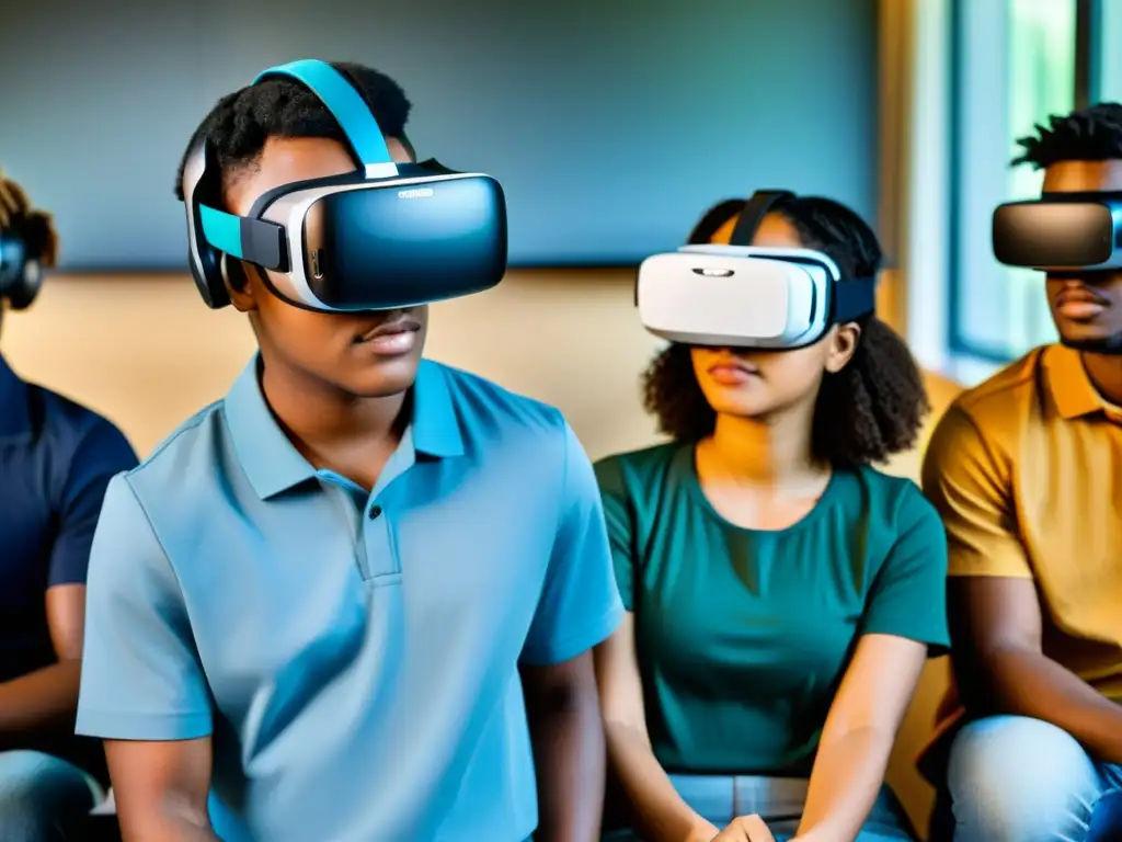 Un grupo diverso de estudiantes participa activamente en un ejercicio de realidad virtual para prevenir el acoso escolar