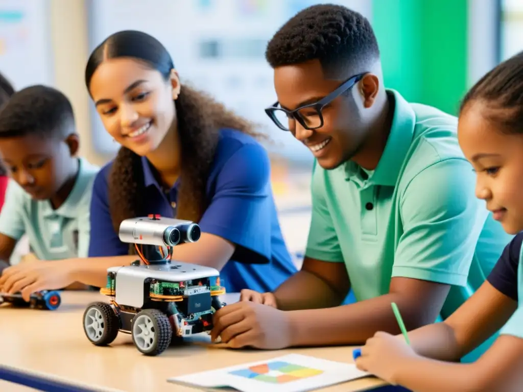 Un grupo diverso de estudiantes trabaja en equipo en un proyecto de robótica, demostrando la importancia de la diversidad en la educación robótica