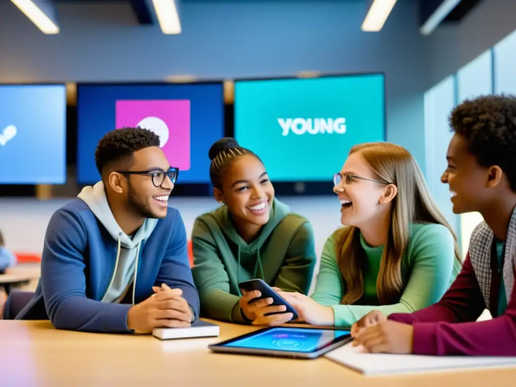 Grupo diverso de estudiantes colaborando en un proyecto en un aula moderna, con dispositivos digitales