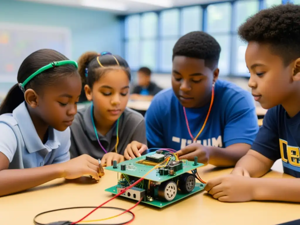 Grupo diverso de estudiantes colaborando en un proyecto de robótica educativa para estimular innovación en un aula luminosa