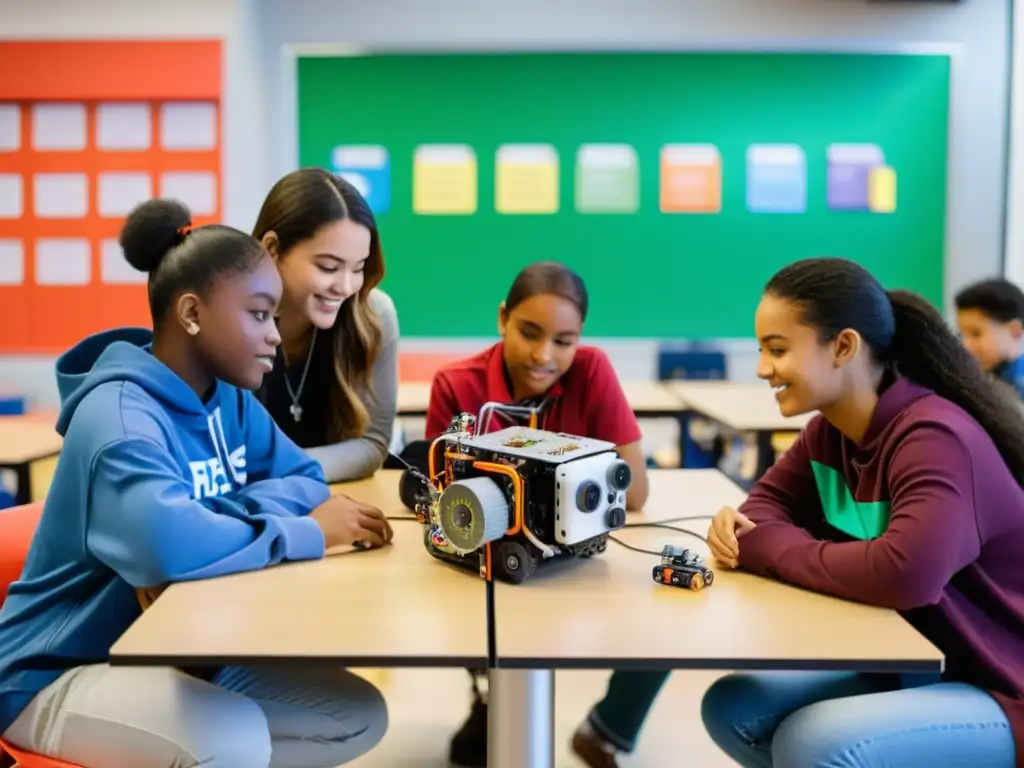 Grupo diverso de estudiantes colaborando en un proyecto de robótica, resaltando la importancia de la diversidad en robótica educativa