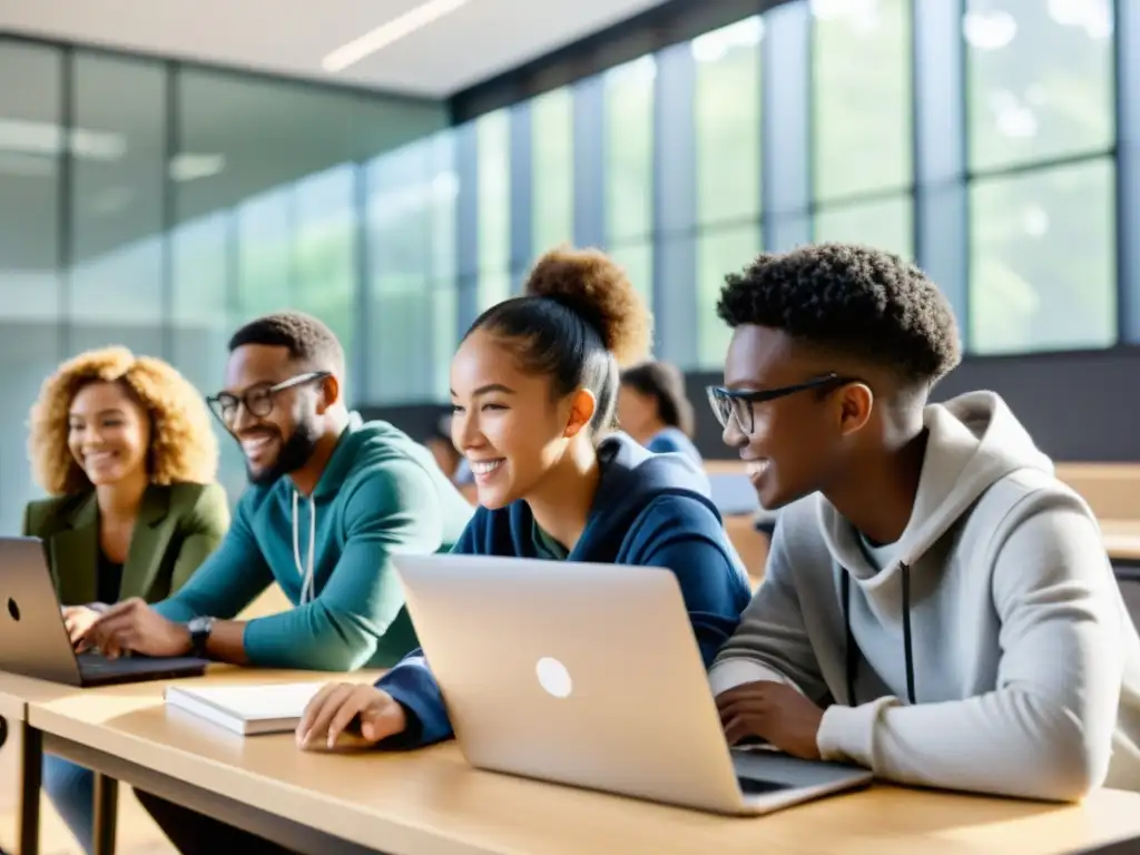 Grupo diverso de estudiantes colaborando en proyectos de inteligencia artificial para bien social en un aula moderna y luminosa