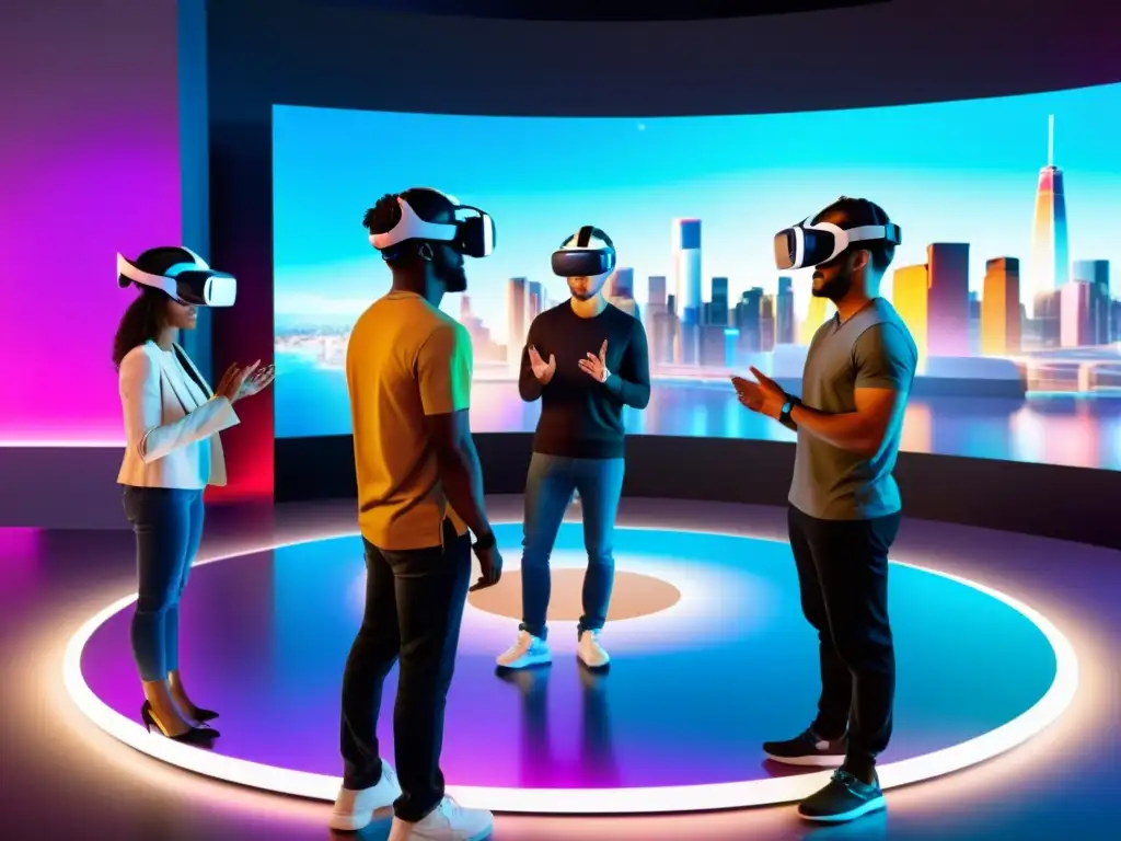 Un grupo diverso interactúa en un ambiente virtual futurista, destacando el desarrollo de habilidades sociales en realidad virtual