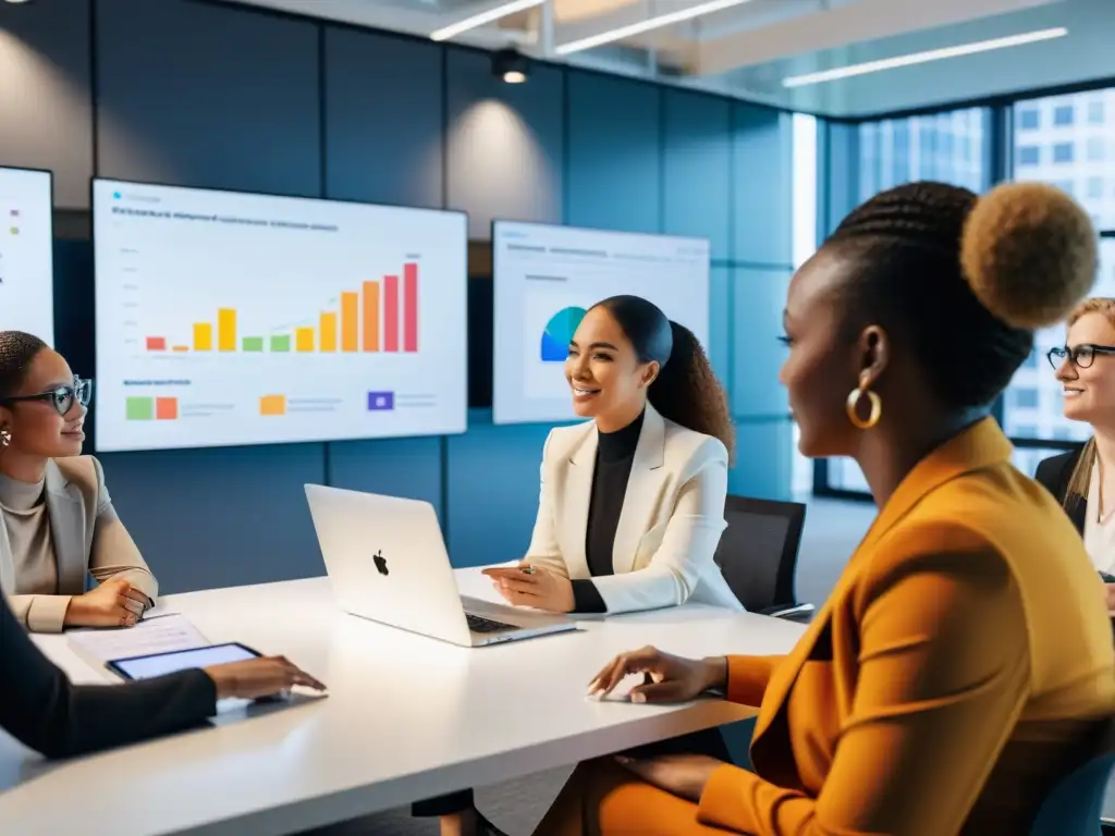 Grupo diverso de mujeres en la industria tech colaborando en una oficina moderna, con gráficos coloridos en pantallas