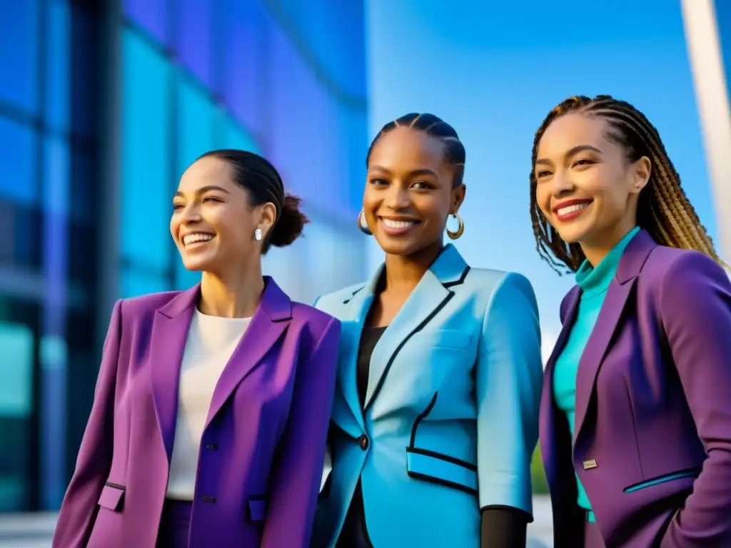 Grupo diverso de mujeres tech, sonrientes y seguras, en un escenario futurista