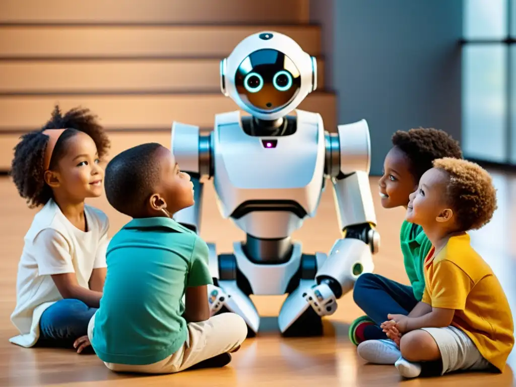 Un grupo diverso de niños interactúa con un robot amigable en un entorno educativo, mostrando curiosidad y colaboración