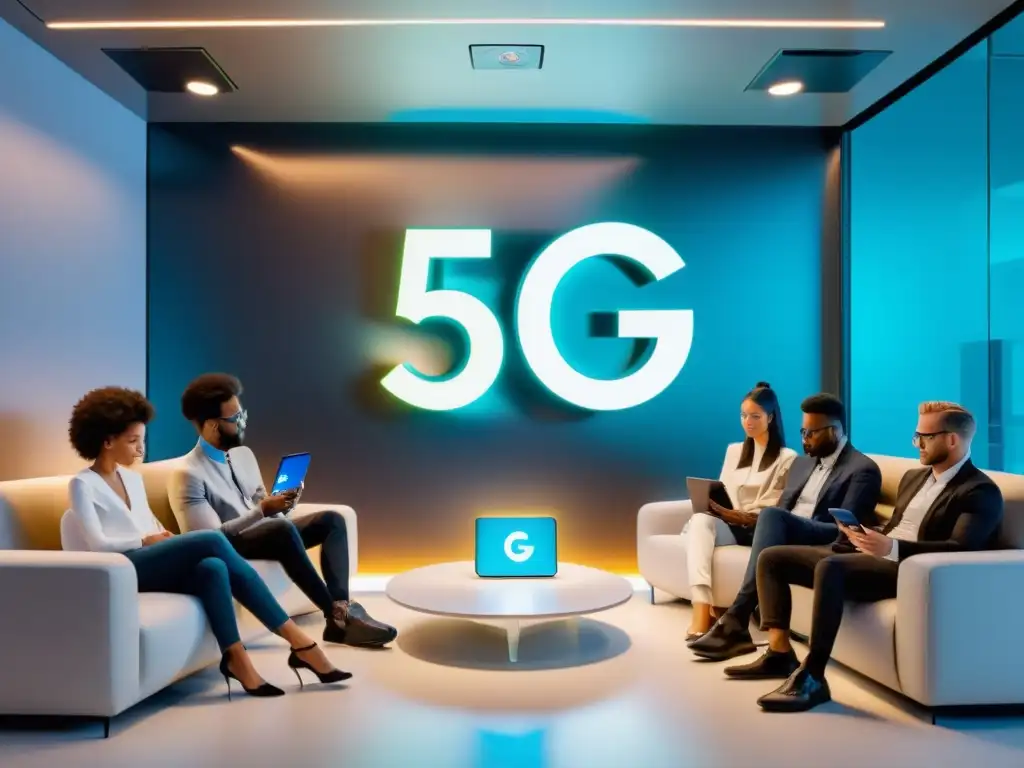 Grupo diverso en oficina tech-savvy, conectados a 5G, reflejando el impacto del 5G en redes sociales