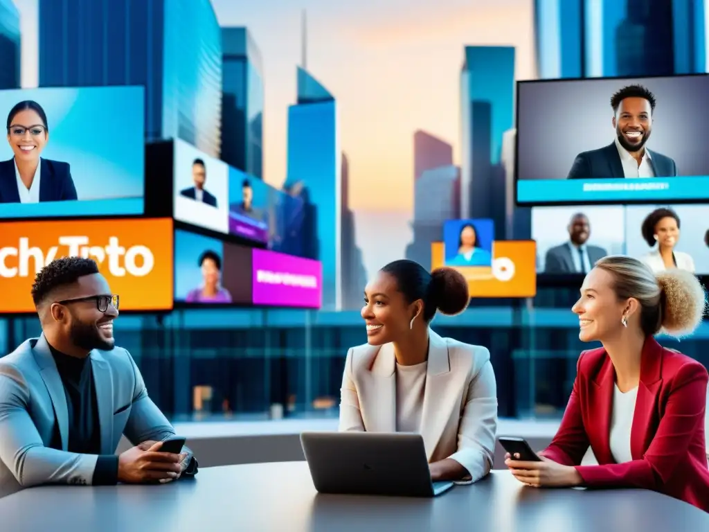 Un grupo diverso de personas participa en una videoconferencia con expresiones vividas, en una ciudad futurista