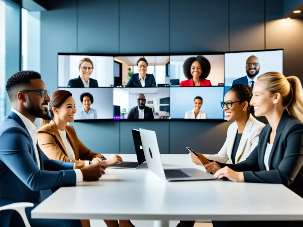 Un grupo diverso de profesionales participa en una reunión virtual, colaborando en un proyecto digital