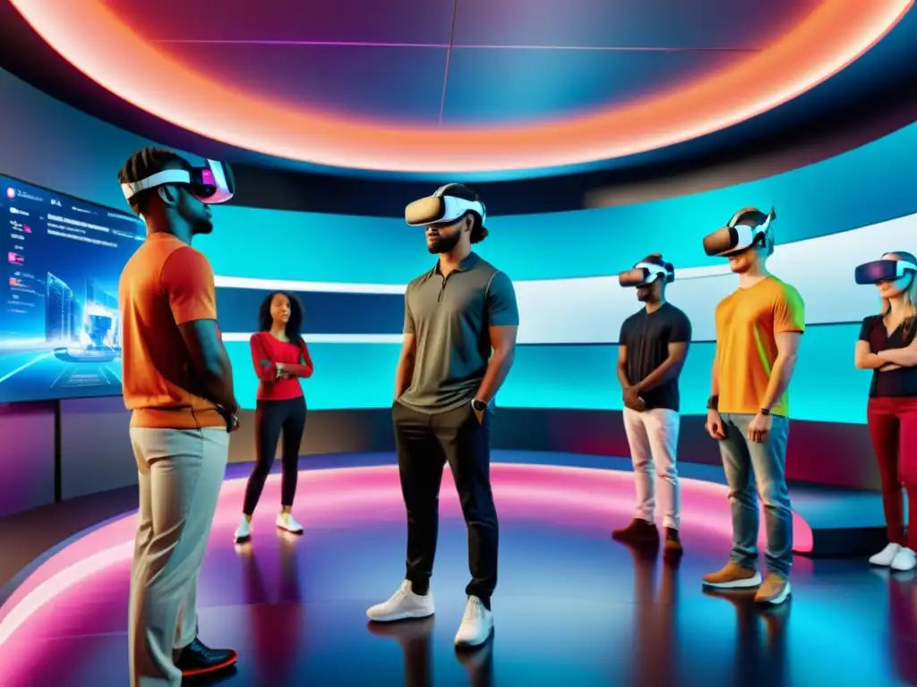 Grupo diverso usando visores de realidad virtual en un entorno futurista