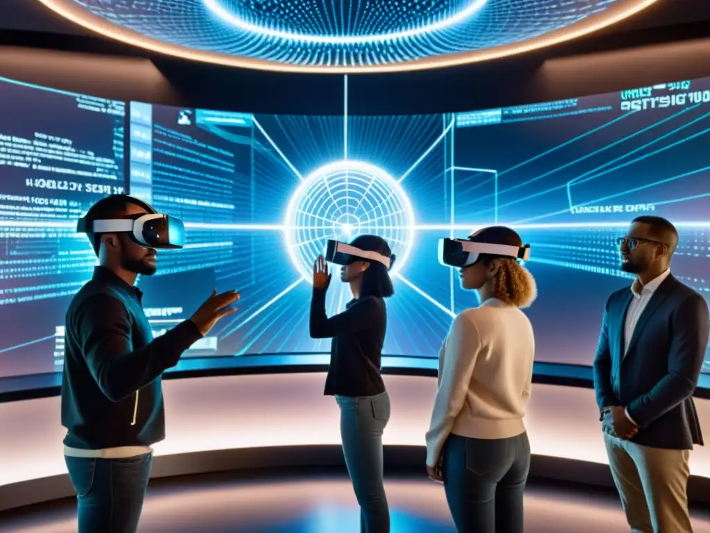 Expertos en ciberseguridad debaten estrategias frente a vulnerabilidades Un grupo diverso usa visores de realidad virtual y señala un holograma de sistemas interconectados