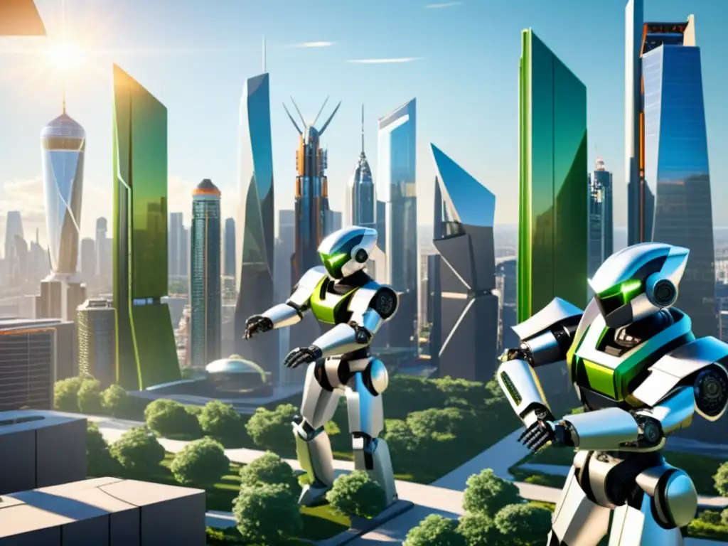 Robots construyendo rascacielos futuristas Un grupo de elegantes brazos robóticos metálicos trabajando en conjunto para construir un rascacielos futurista en una ciudad bulliciosa