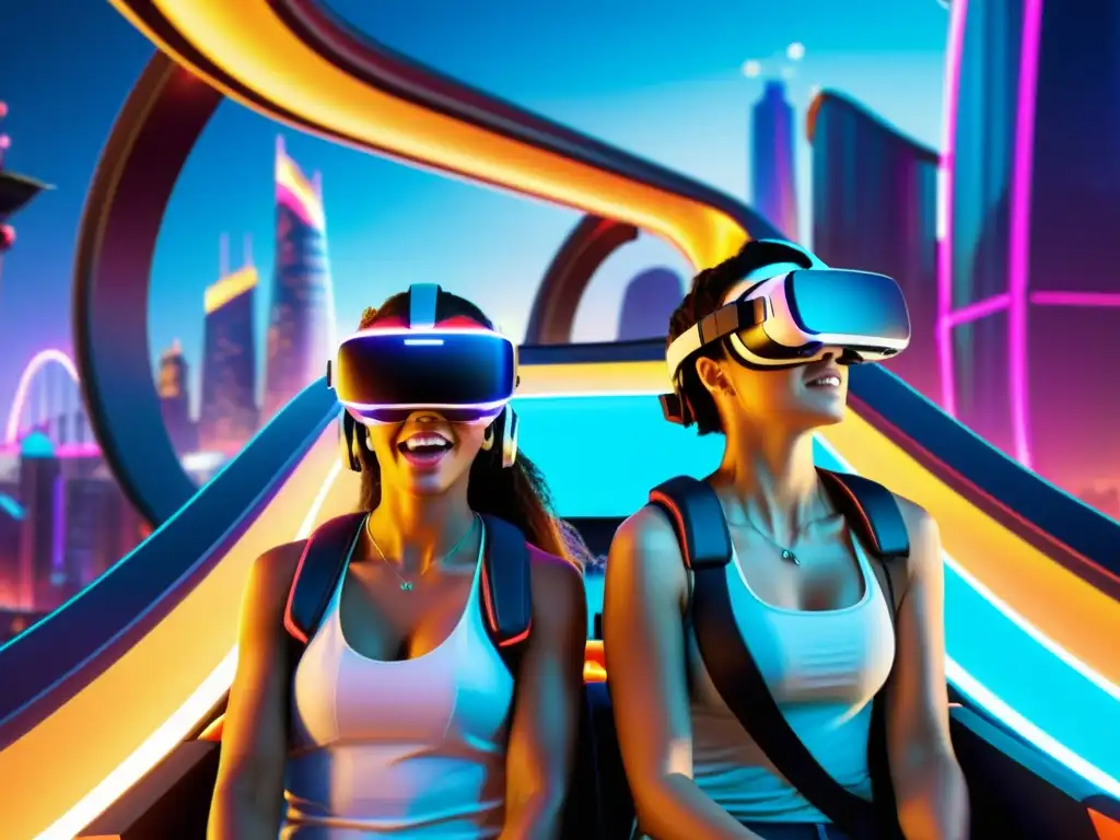 Grupo disfruta emocionante montaña rusa VR en parque temático de realidad virtual