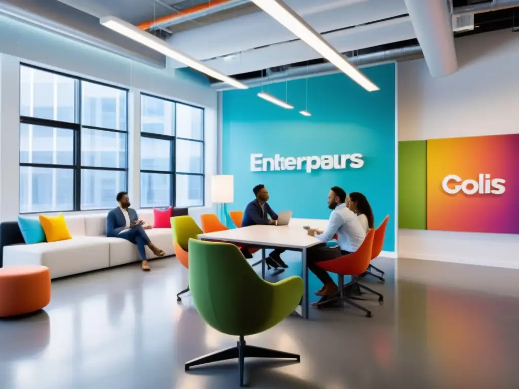 Grupo de emprendedores en una oficina moderna, colaborando en ideas innovadoras con tecnología de vanguardia y herramientas creativas