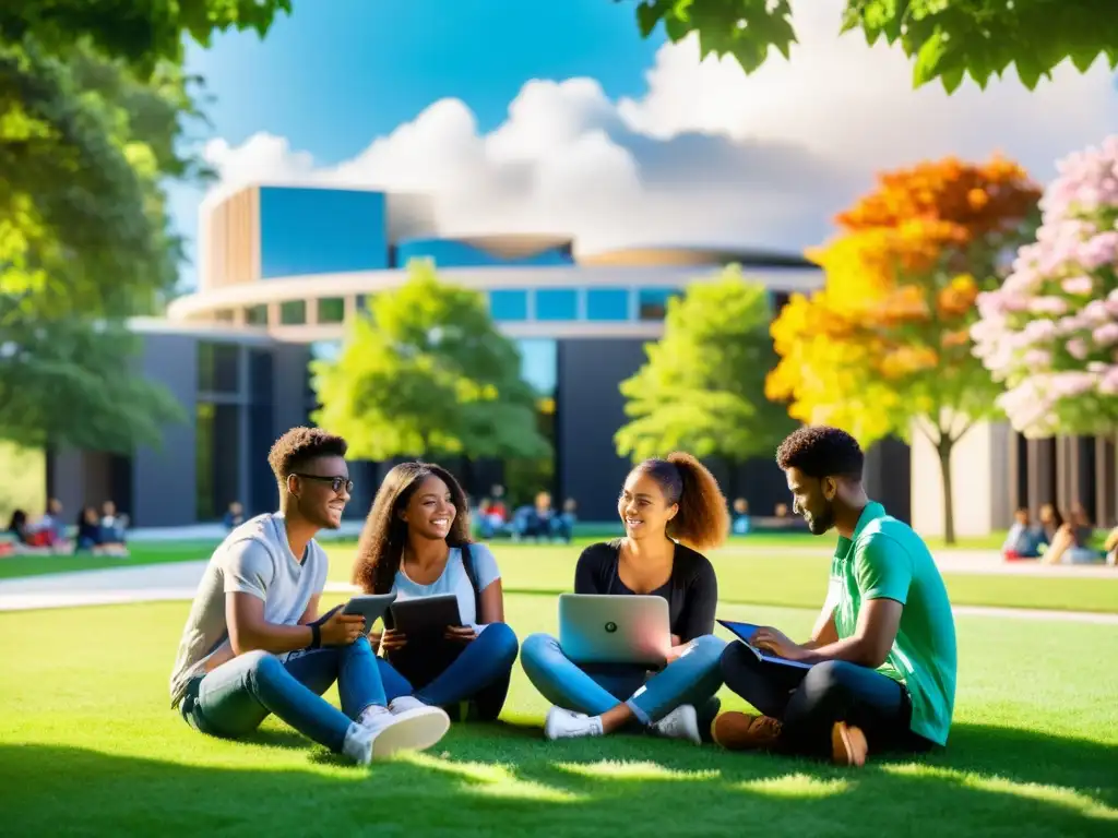 Grupo de estudiantes diversos en el campus, disfrutando de la nube educativa para acceso ilimitado, rodeados de naturaleza y arquitectura moderna