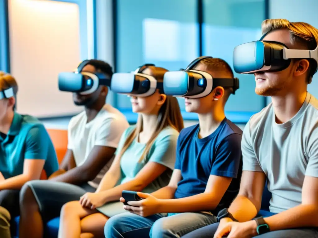 Grupo de estudiantes inmersos en realidad virtual, experimentando un entorno educativo futurista