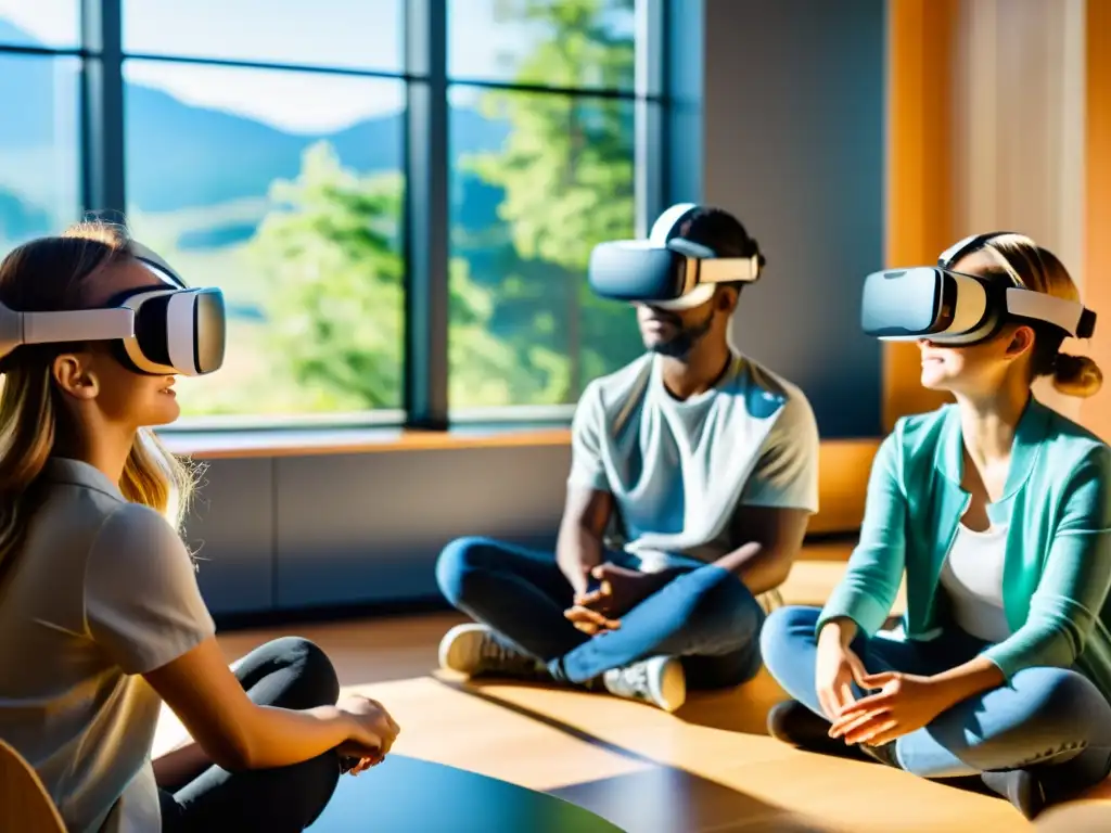 Un grupo de estudiantes experimenta Realidad Virtual en un aula moderna, reduciendo la ansiedad y encontrando tranquilidad