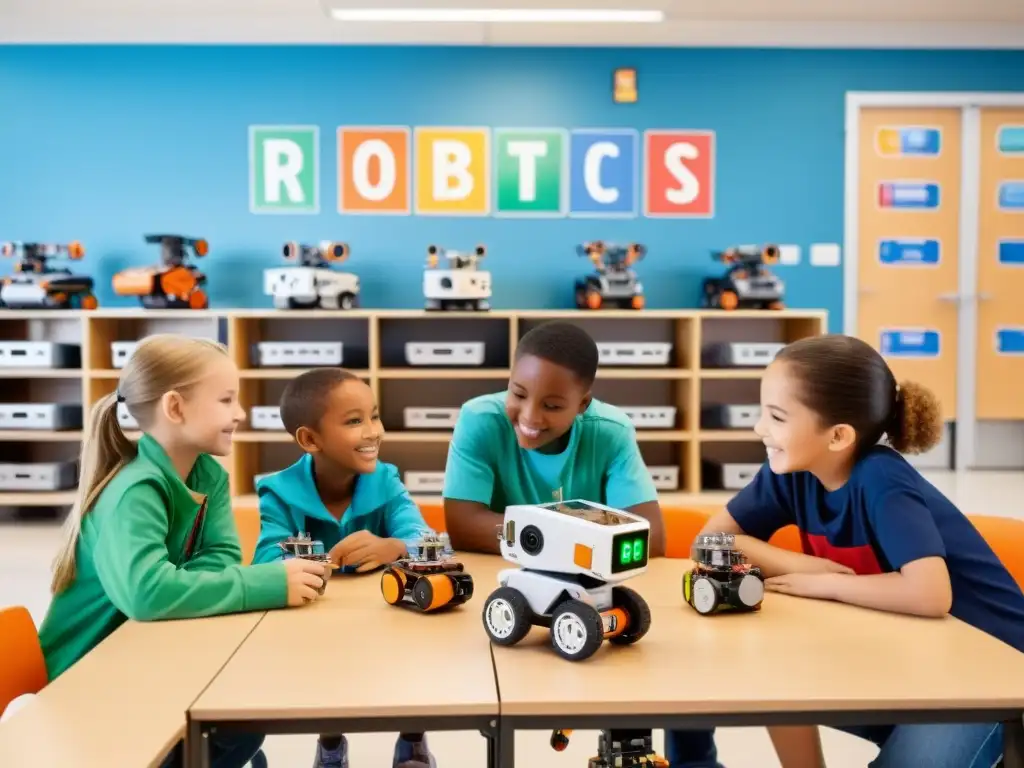 Grupo de estudiantes de primaria construyendo y programando robots con su maestro en un aula moderna y brillante