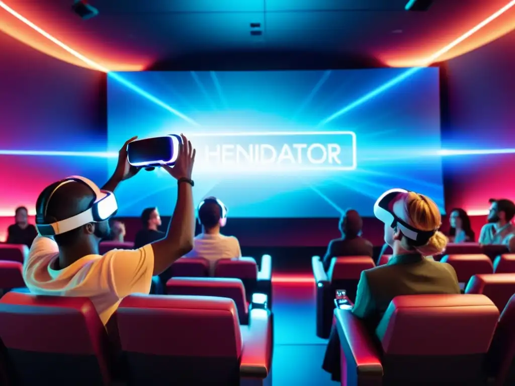 Grupo disfruta de experiencia inmersiva de realidad virtual en cine futurista, fusionando narrativa cinematográfica y tecnología de vanguardia