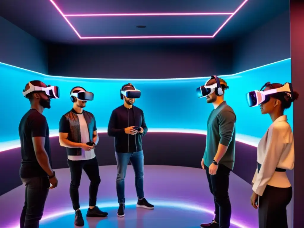 Grupo disfruta experiencias de realidad virtual en sala futurista con luces neón y hologramas, mostrando asombro y emoción