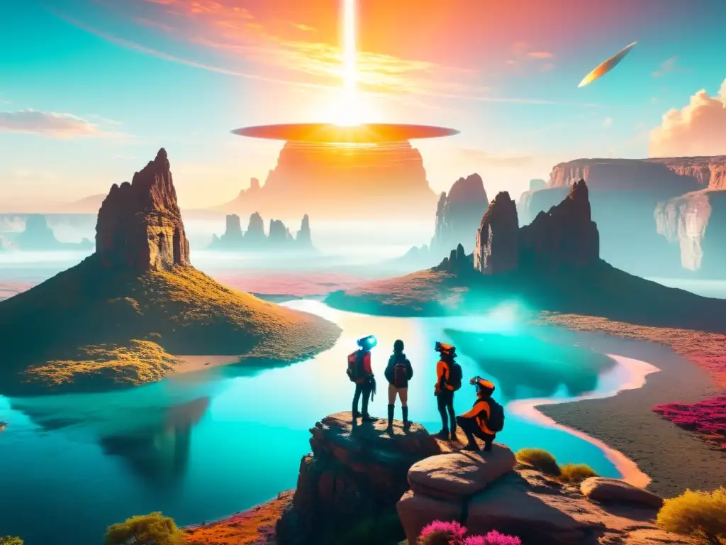 Exploradores VR maravillados en paisaje alienígena Un grupo de exploradores en realidad virtual admirando un paisaje alienígena vibrante y surrealista