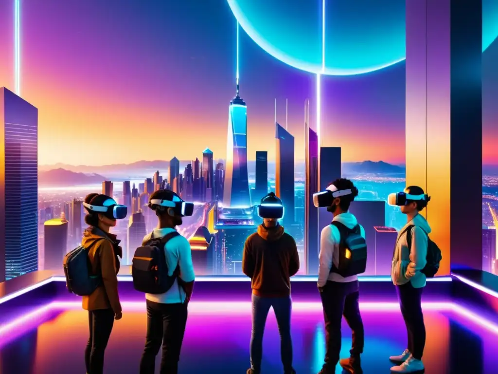 Exploradores maravillados en ciudad virtual Un grupo de exploradores admirando un universo alternativo en VR con una ciudad futurista al fondo
