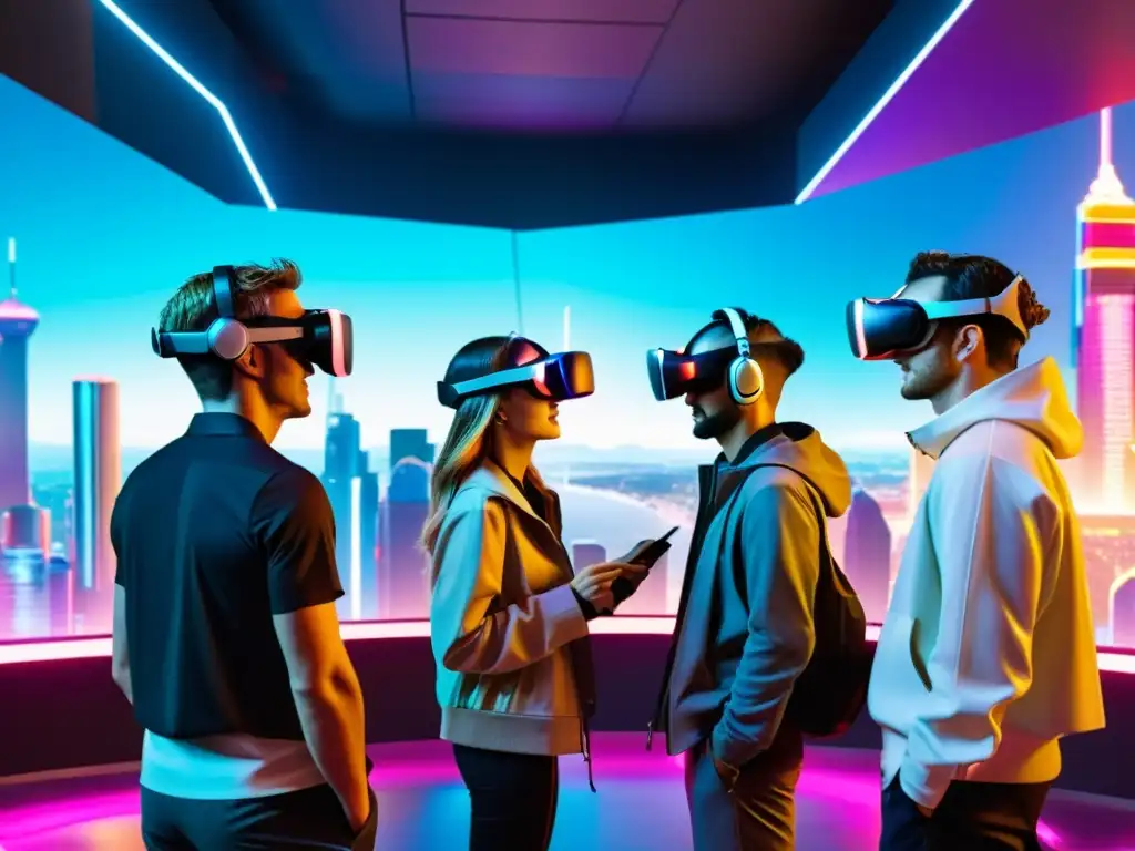Exploradores en realidad virtual en ciudad futurista Un grupo de exploradores se sumerge en universos alternativos en VR, cautivados por un paisaje futurista y tecnológico
